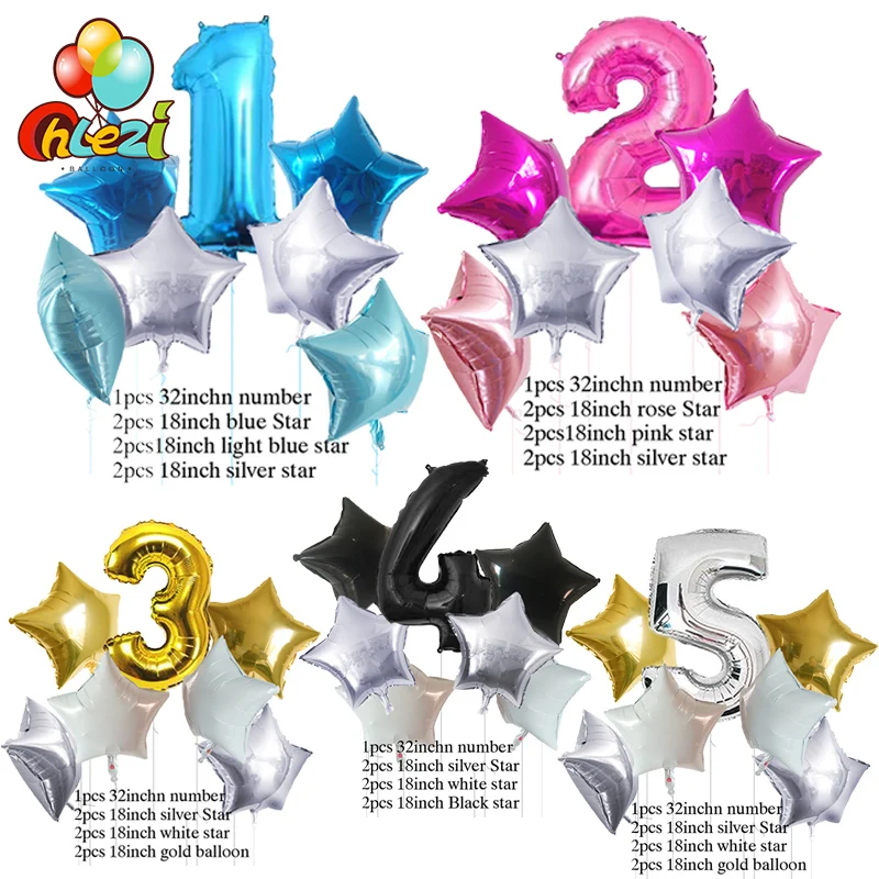 

7pcs 32inch Number Happy Birthday Party Foil Balloon 18inch star Helium balloon children 1 2 3 year Party Decoration baby shower