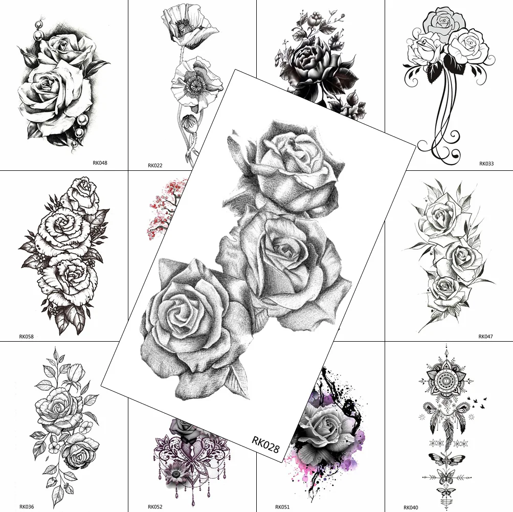 

Pencil Sketch Sexy Black Rose Temporary Tattoos Sticker For Adult Women Body Art Arm Chest Realistic Tatoos Sheet Waterproof