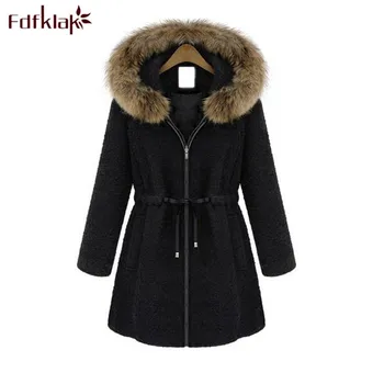 

European stye brand wool coat women winter jackets fur hood long coats female outerwear clothes thick woolen jackets Q491