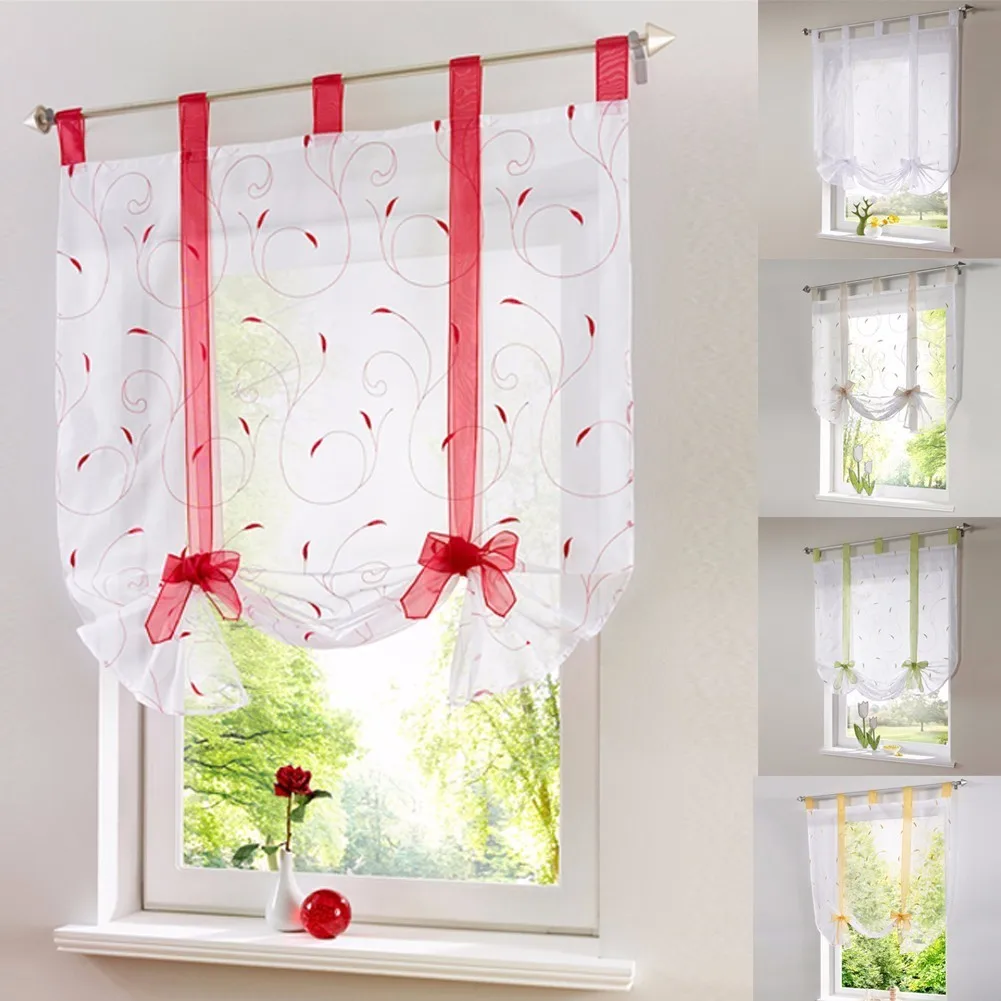 Cortina de puerta de ventana de tul corto de oficina/café rojo Panel transparente blanco Floral persianas romanas Cortina de puerta de ventana de tul corto de oficina/café rojo Panel transparente blanco Floral persianas romanas