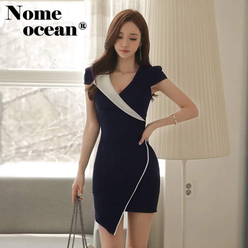 Color Block Office Lady Suit Dresses of Girls Asymmetric Sweep Sexy ...