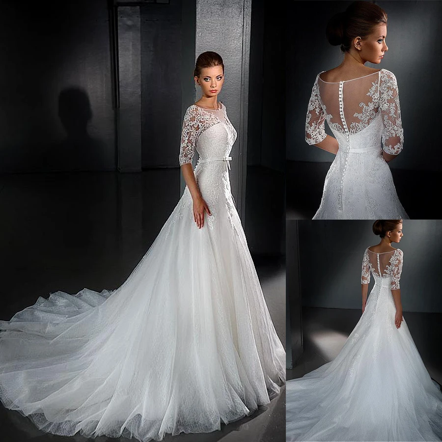 

Elegant Tulle Bateau Neckline A-line Wedding Dresses with Lace Appliques Half Sleeves Bridal Dress vestido de noiva manga longa