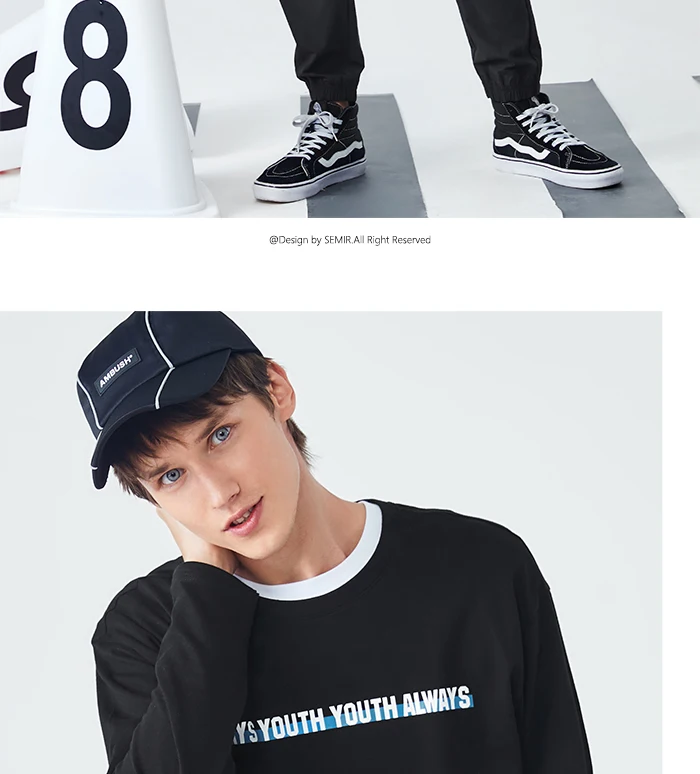 SEMIR, осенняя новая мужская футболка с длинным рукавом, хлопок, контрастный цвет, с буквенным принтом, свободная, с капюшоном, облегающая Мужская футболка