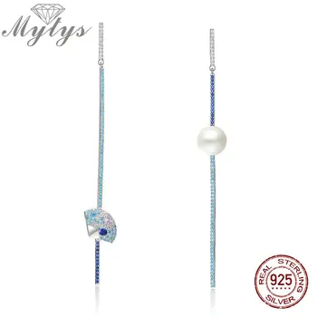 

Mytys 925 Sterling Silver Earrings for Women Freshwater Pearl CZ Shell Dangle S925 Bar Earrings Dangle Line Fashion Gift CE414