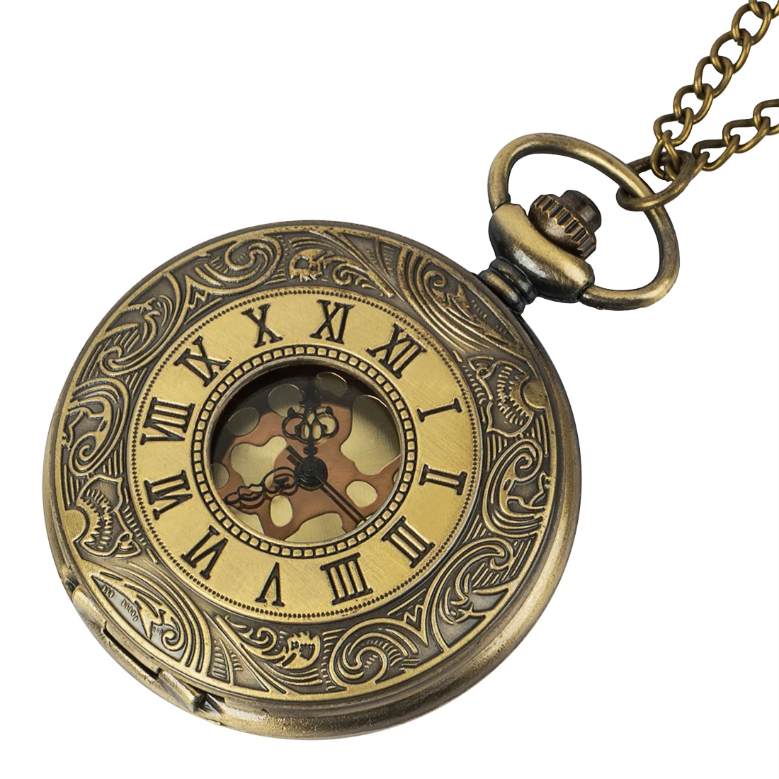 

Steampunk Mechanical Pocket Watches Women Men Vintage Bronze Skeleton Transparent Retro Necklace Pocket Watch With Chain For Man