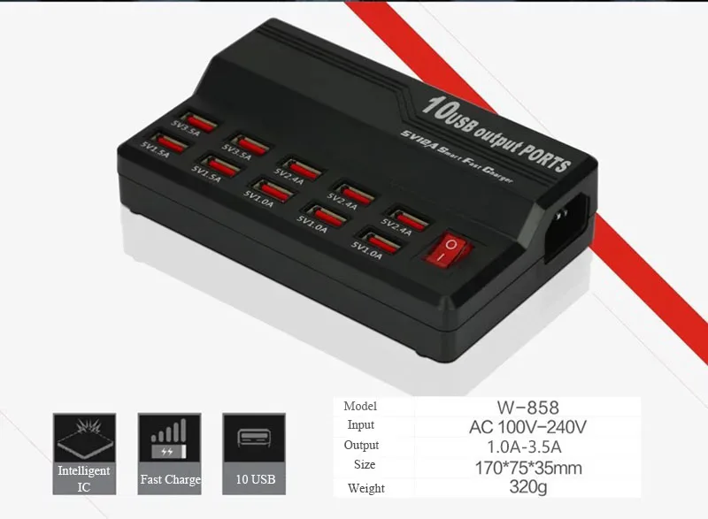 Многопортовое зарядное устройство 10 USB 12A мощность 60 Вт быстрая зарядная станция для iPhone 7 5 5S 6 6S Plus iPad LG samsung huawei Nexus адаптер переменного тока