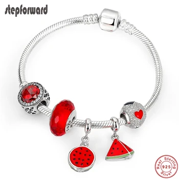 

STEP FORWARD Hot Sale 925 Sterling Silver Red Enamel Watermelon Pendant Charm Bracelet & Bangle For Woman Silver Jewelry WLB037