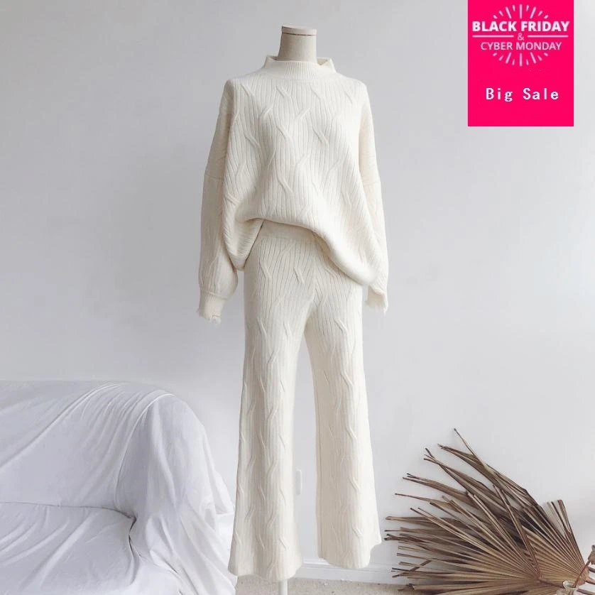 

2019 winter plus size Wool Knitted warm Lantern sleeve Suit Sweater + Mink wool Trousers Leisure Two-piece sets wq55