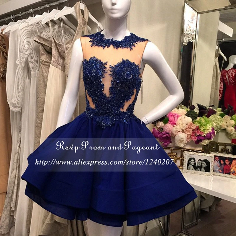 Real Sample Beaded Appliques Sexy See Through Top A line Short Prom Dresses 2017 In Navy