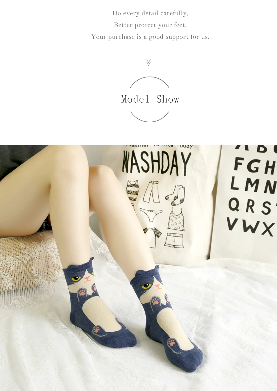 Funny Cute Cat Cartoon Women Socks Autumn Winter Lady's Sock korean Fashion Candy Color Creative Warm socks White Yellow Gray (7)