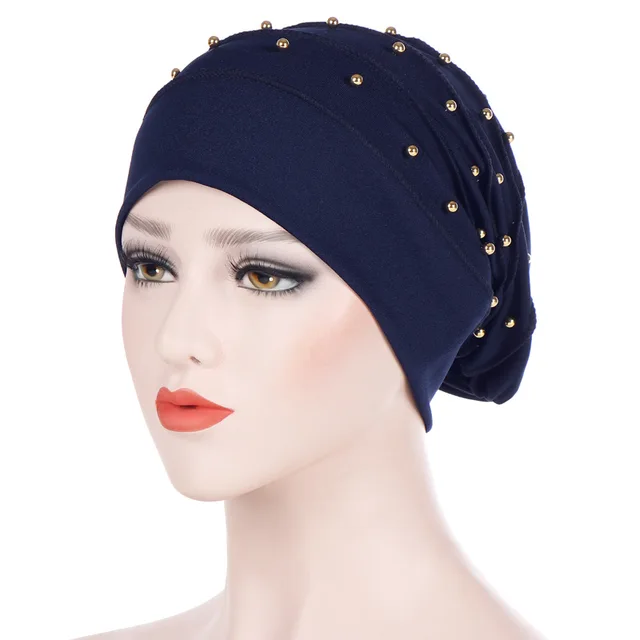 Muslim Women Stretch Cotton Ruffle Bead Turban Hat chemotherapy Chemo Beanies Caps Headwrap Hair Loss For Cancer Accessories Navy Blue