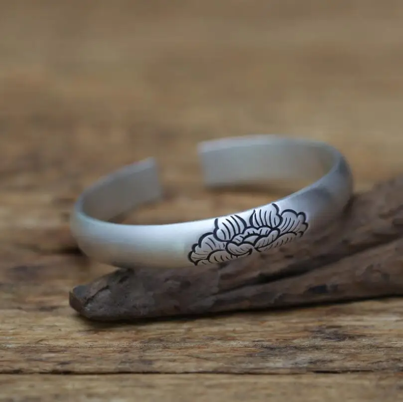 

999 Silver Flat Carved Flower Bangle Ethnic Glossy Opening Bangle (SYF)