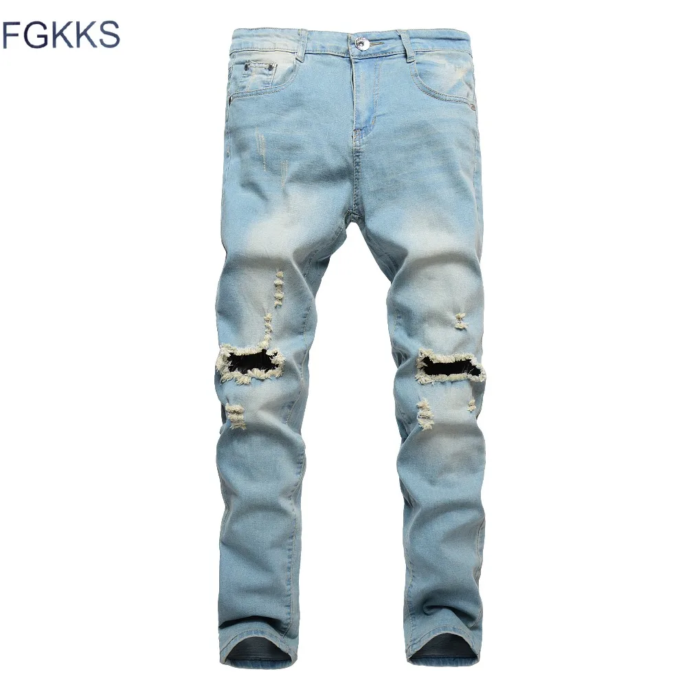 FGKKS рваные джинсы для мужчин Лоскутные выдалбливают печатные нищие укороченные брюки Yong Man Cowboys в японском стиле модные мужские джинсы