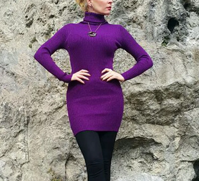 Облегающее трикотажное платье-свитер в рубчик на осень и зиму, эластичное платье с люрексом, женские сексуальные платья для вечеринок, Клубное платье - Цвет: Purple Lurex