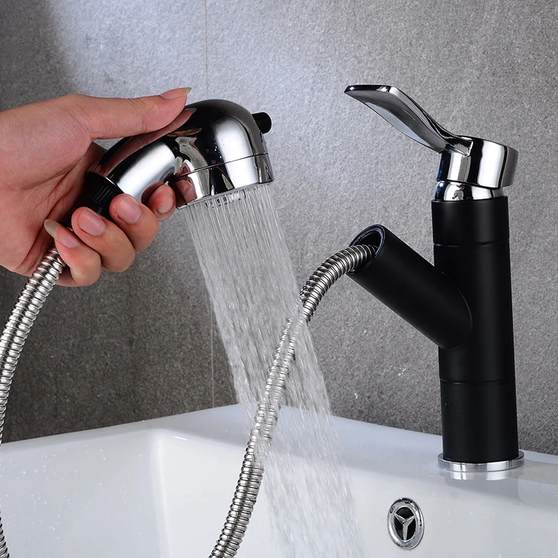 

Free Shipping New arrival pull out basin faucet chrome/Black finished bathroom sink faucet with shower head wash basin mixer