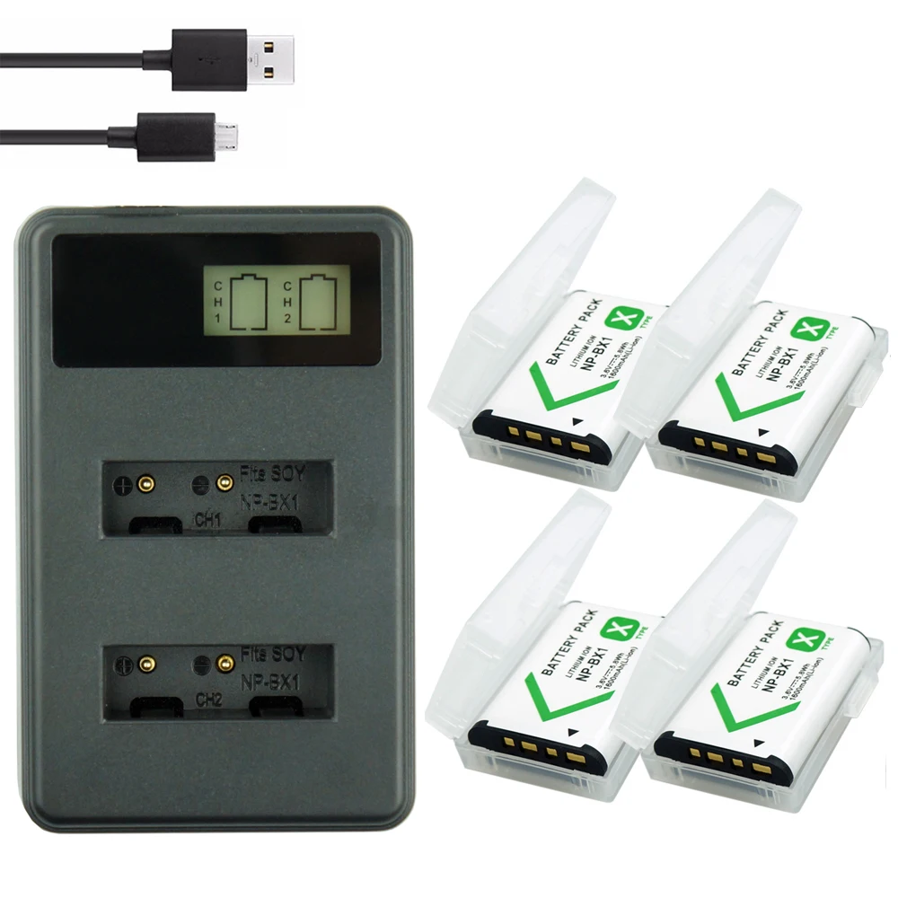 4 шт. NP-BX1 NPBX1 NP BX1 Батарея+ ЖК-дисплей Dual USB Зарядное устройство для sony DSC-RX100 DSC-WX500 Характеристическая вязкость полимера HX300 WX300 HDR-AS15 X3000R MV1 AS30V