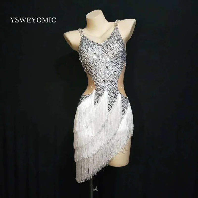 

New White Female Rhinestone Fringes Party Birthday Celebrate Silver White Fashion Latin Dance Dress Costume Customize Size