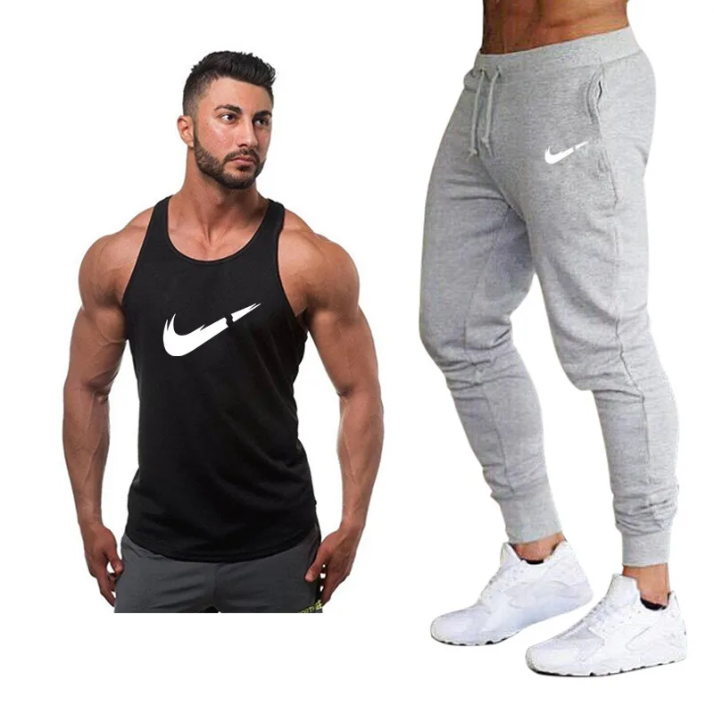 

New fashion cotton sleeveless shirts tank top+Pants men Fitness shirt mens singlet Bodybuilding workout gyms vest fitness Sets