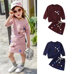 Новые прелестные модные туфли детская одежда для маленьких девочек комплект зима-осень Повседневное Hairball футболка Джемпер юбка платье