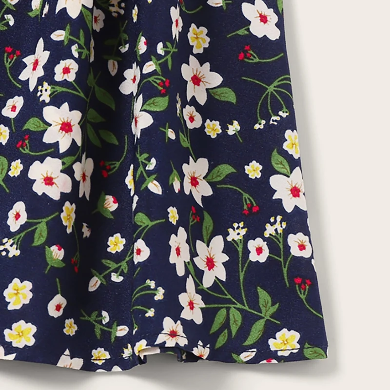 Dotfashion темно-Ditsy Цветочный принт Paperbag талии поясом Юбка Для женщин Лето Повседневное женские модные, средняя посадка юбки в стиле бохо