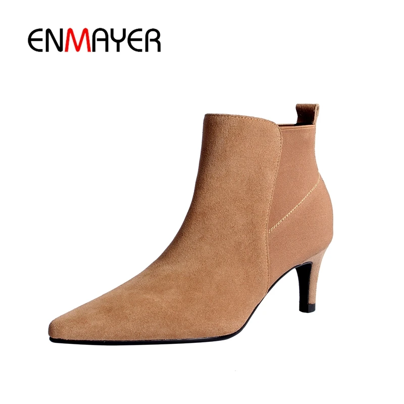 

ENMAYER Ankle boots Fashion Women short boots Casual Suede Shoes Woman Black Pointed toe Thin heels Rubber Elastic band CR1182