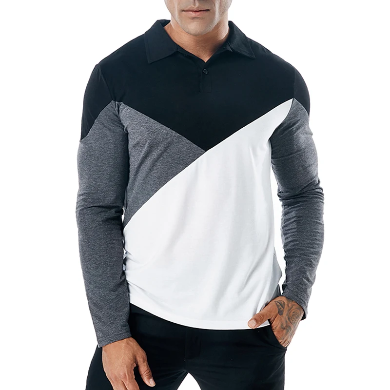

2019 Autumn Long Sleeve Patchwork Casual Men T Shirt Fashion Streetwear Top Tees Turn Down Collar Male T Shirts Dropshipping