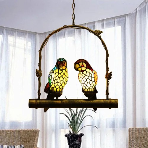 tiffany stained glass two parrots pendant light hanging ship light fixture