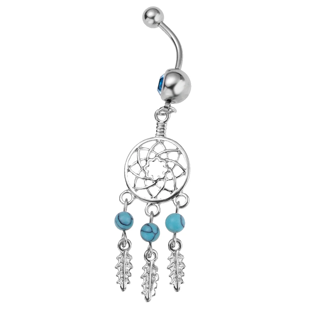 5 Pieces Women Rhinestone Dreamcatcher Butterfly Leaf Heart Belly Bar Navel Ring