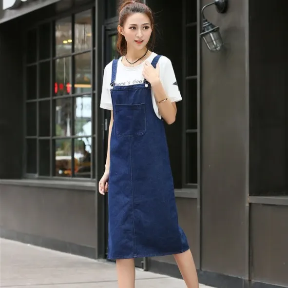 

Women Spring Summer Plus Size Loose Strap Jeans Midi Dresses Denim Overall Dress Female Long Denim Dress Vestido Jeans Dress