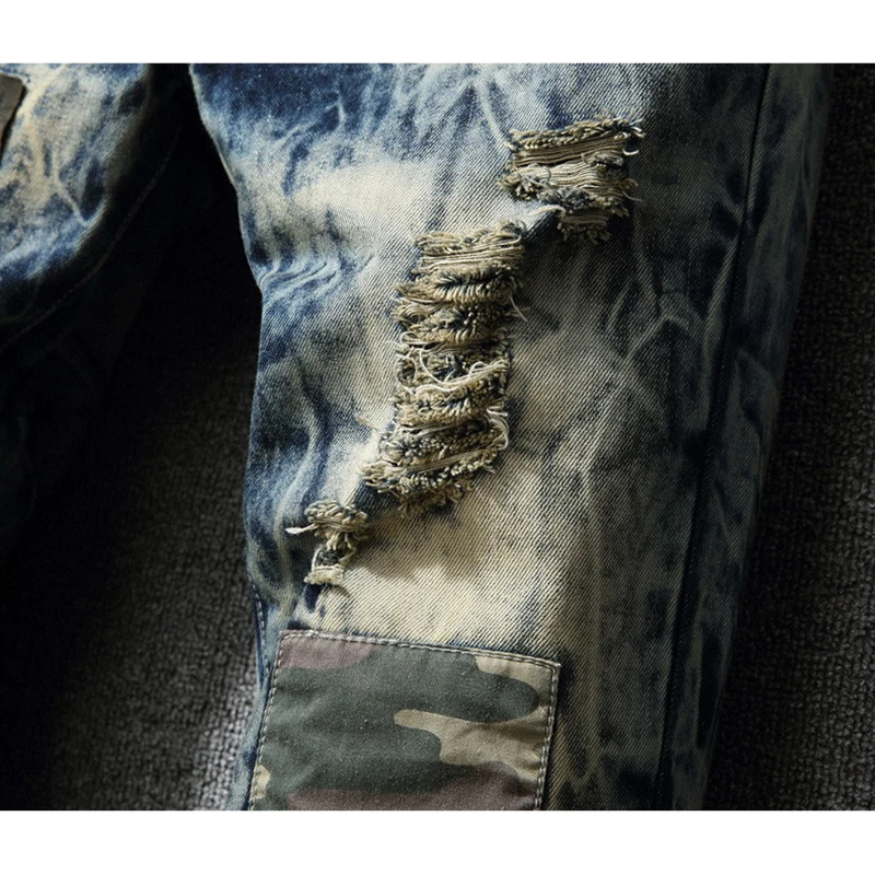 Men Patchwork Ripped Jeans Hip Hop Camouflage Washed Destroyed Jeans Biker Slim Fit Jeans for Man 4
