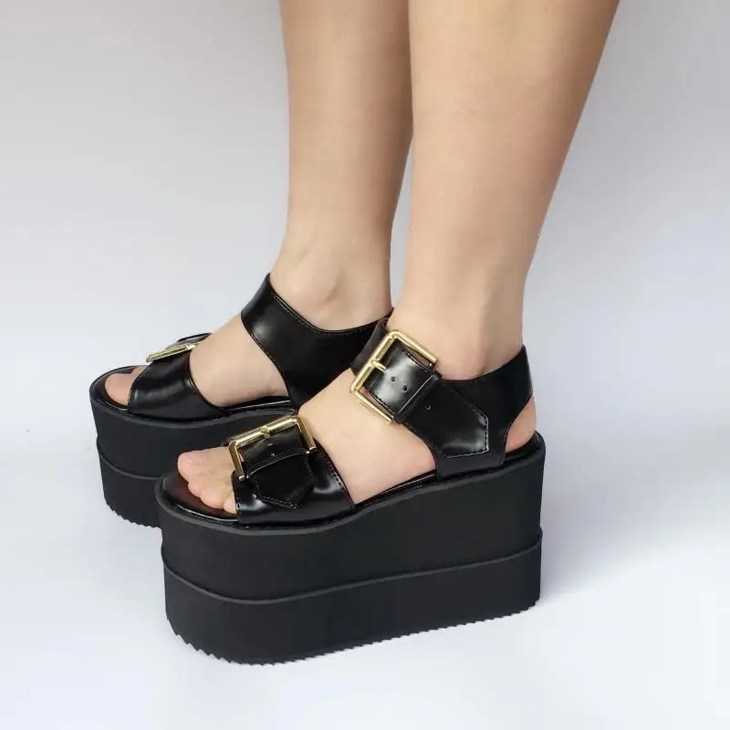 

Japanese Harajuku 11cm Heel Black High Platform Sandal Wedge Heel Thin Leg Lolita Heels Shoes Custom Tailor with Buckle
