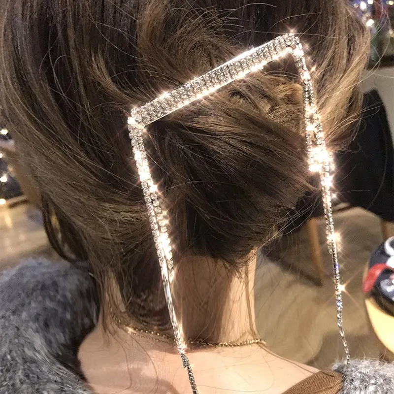 

Chic Bling Bling Crystal Barrette For Women 2019 Long Tassels Wedding Hair Accessories Lady Gaga Style Bobby Pin Hair Jewelry