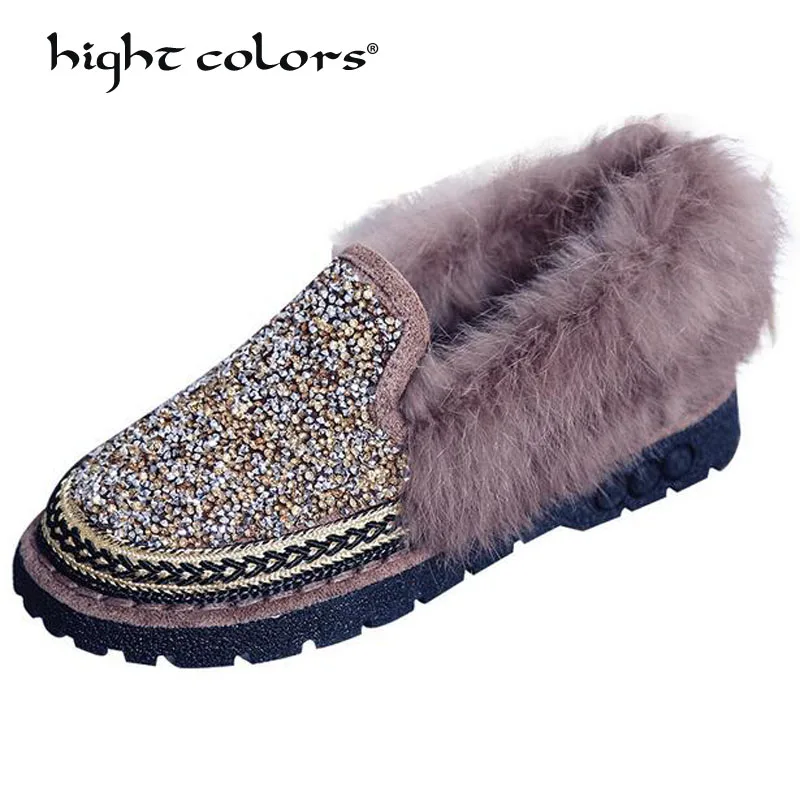 

Luxury Crystal Snow Boots Rhinestones Women Flat Warm Boots Bling Wool Suede Winter Boots Platform Sexy Botas Mujer hc888