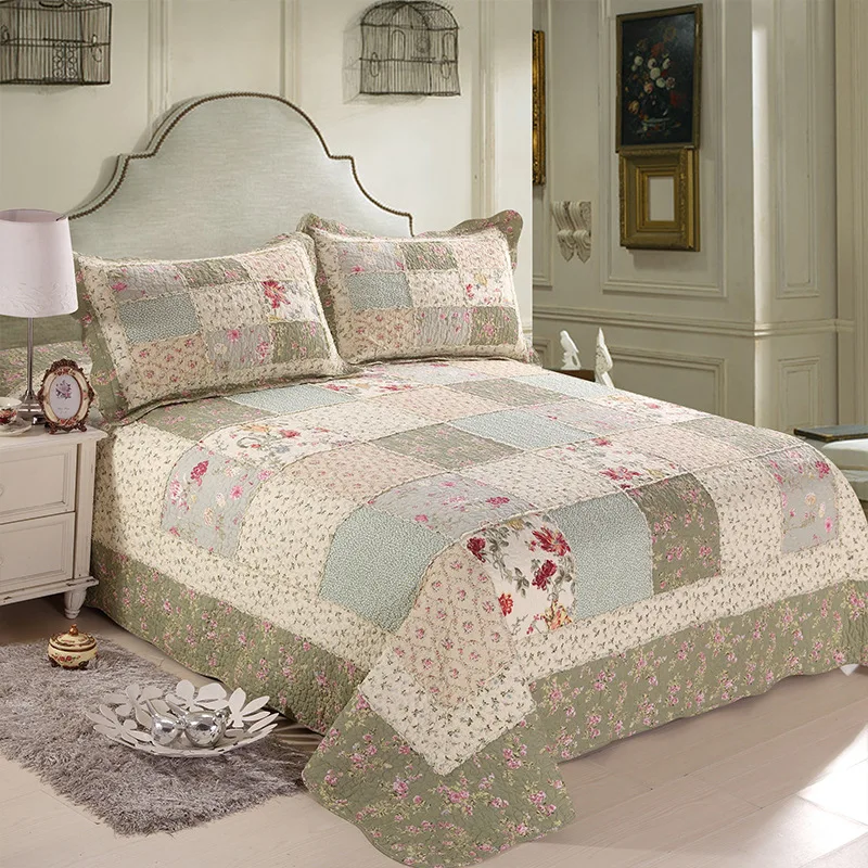 CHAUSUB Quality Patchwork Quilt Set 3pcs Pastoral Floral Cotton Quilts Quilted Bedspread Sheets Pillowcase Coverlet King Size