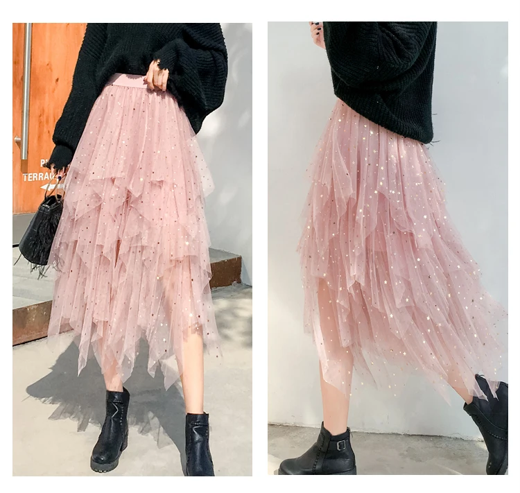 Women's Skirts Summer 2020 New Korean Stars Sequin Elegant High Waist A-line Pleated Elastic Belt School Spring Midi Skirt Femme