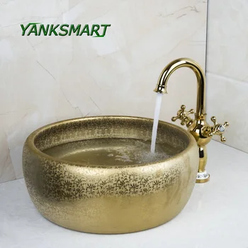 Buy YANKSMART Bathroom Washbasin Sink Ceramic Lavatory Bath Sink Golden Kitchen Swivel Two Handles Mixer Water Tap Combo Set Faucet