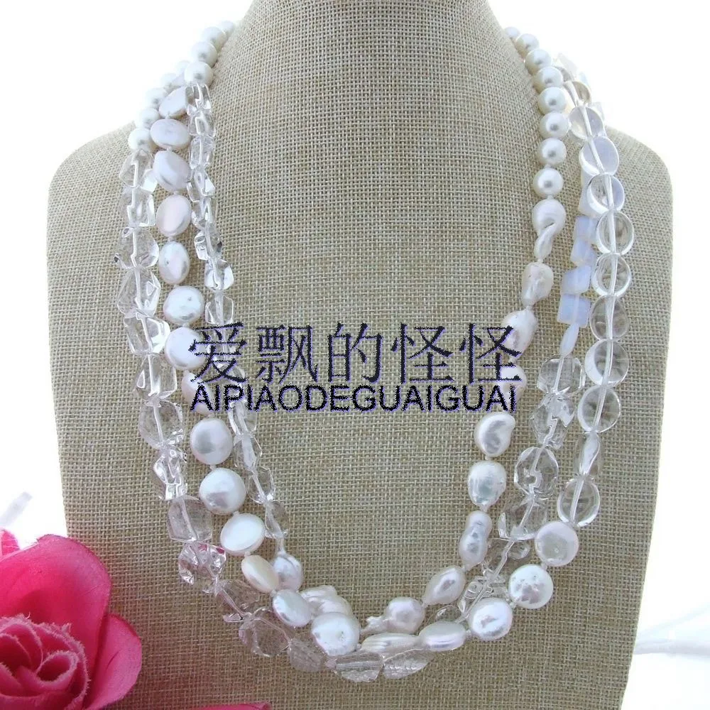 

77" White Keshi Coin Pearl Opal Quartz Necklace