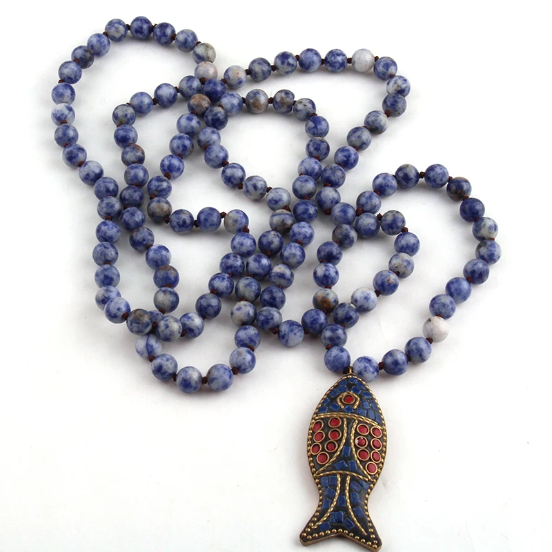 Бесплатная доставка F Artisan Halsband длинный узел синие точечные камни|necklace free shipping|fish