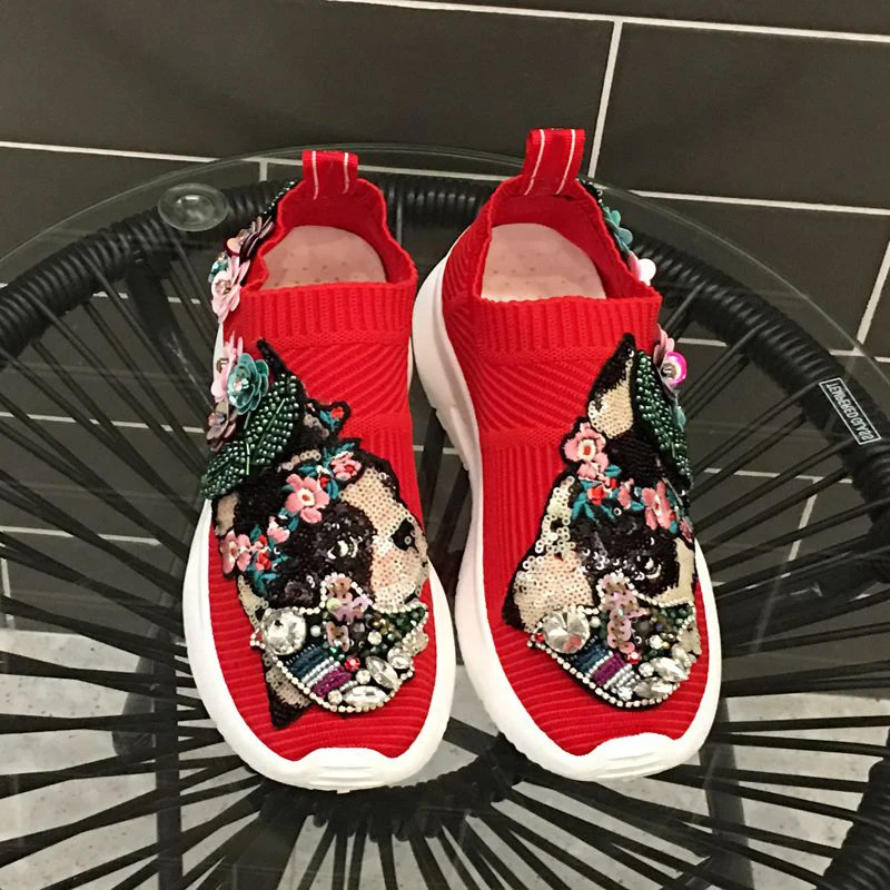 Rhinestones Sneakers Women Shoe Fashion Crystal Gemstone Sneakers Causal Shoes Woman Red Flat Shoes Ladies Girls WK122