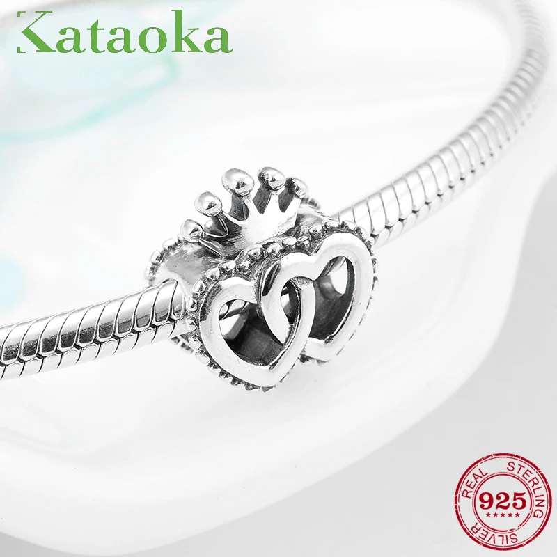 

Authentic 925 Sterling Silver Linked heart Shape with Crown Charms Beads for jewelry making fit charm Pandora Bracelets Bangles