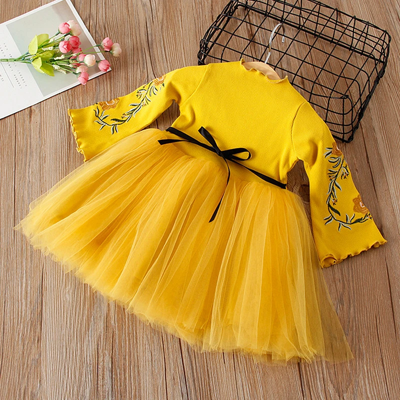 

KISBINI Spring Autumn Baby Girls Long Sleeves Knitted Mesh Ball Gown Dress For Toddler Kids Flower Bow Cute Dresses 12M-3T