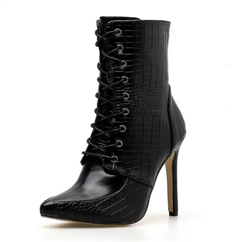 Women Ankle Spring/Autumn Boots PU Leather Pattern Pointed Toe Lace Up Thin High Heels Shoes Sexy Fashion Chelsea Boots