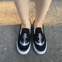 Wen Original Design Voyage Nautical Sailing Anchor Canvas Men Skateboarding Shoes Flats Slip On Black White Women Sneakers