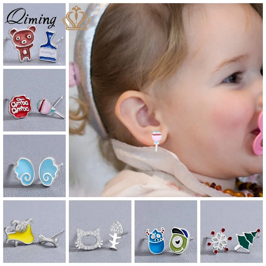 

Tiny Asymmetrical Earrings silver Enamel Cartoon Stitch Bear Candy Dog Crystal Children Kids Baby Earrings Women Cute Gift