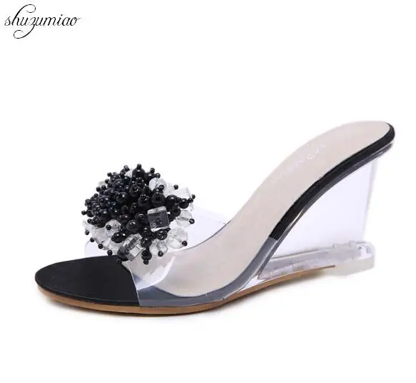 

Slope Sandals High Quality rystal Transparent Diamond Wedges Crysta Sandals High heels 8.5cm Slope Sandals Female Summer 2018