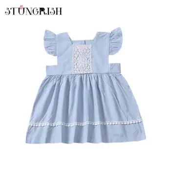 

Summer girls dress flare sleeve design elegant frocks unique style clothing children party dress summer pink blue kids clothes