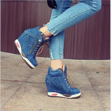 2017 Autumn Denim Lady Boots Elegant Comfortable Ladies Fashion High Heel Pumps Sexy Woman Wedge Shoes European Shoes B018-1