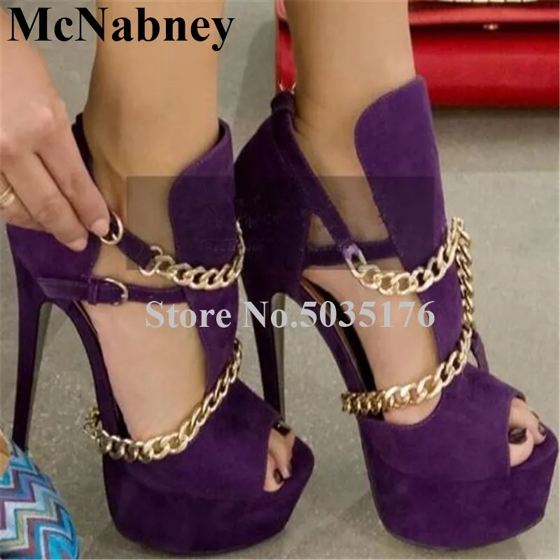 

2019 European Fashion Solid Metal Chain Ankle Buckle Peep Toe High Platform Sandals High Stiletto Heel Sandals Dress Women Shoes