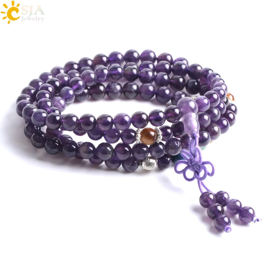 

CSJA Multi-layer Purple Crystal Guardian Stone Bracelets Bangles 108 Natural Mala Beads Meditation Buddha 7 Chakras Energy F058