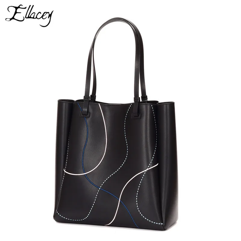 

Cool Line Decoration Women Composite Bag High Quality Genuine Leather Large Capacity Shopping Bag Solid Ladies Hand Bags